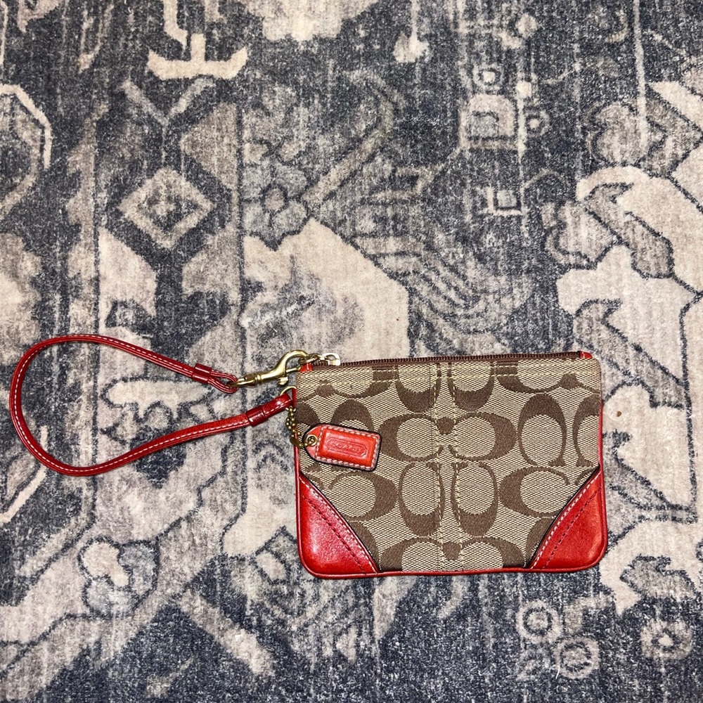 Coach Brown and Red Signature Wristlet small
